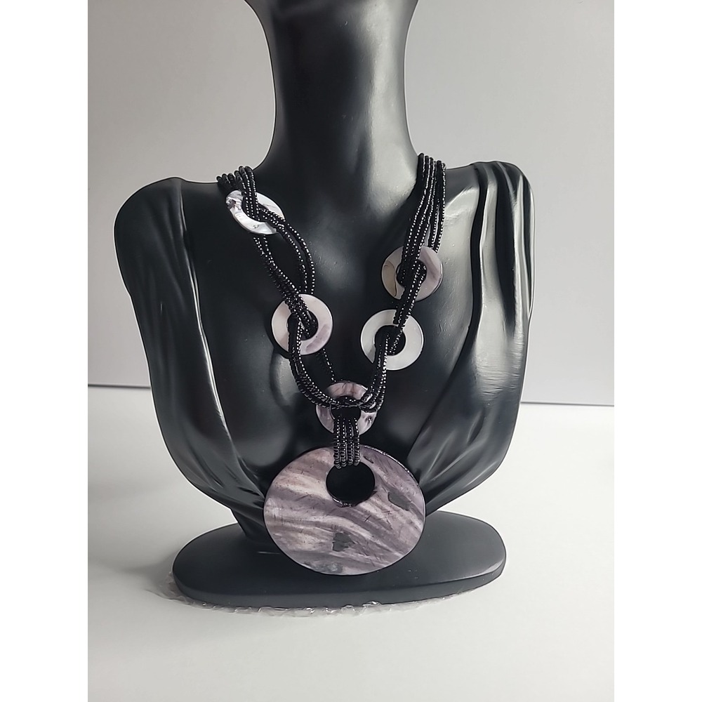 Artisan‎ Style Purple Shell Look Pendant Necklace Black Seed Bead Multi Strand